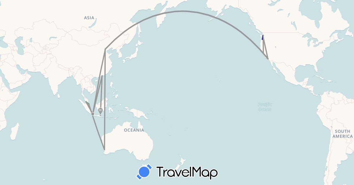 TravelMap itinerary: driving, bus, plane in Australia, China, Indonesia, Malaysia, Singapore, United States (Asia, North America, Oceania)